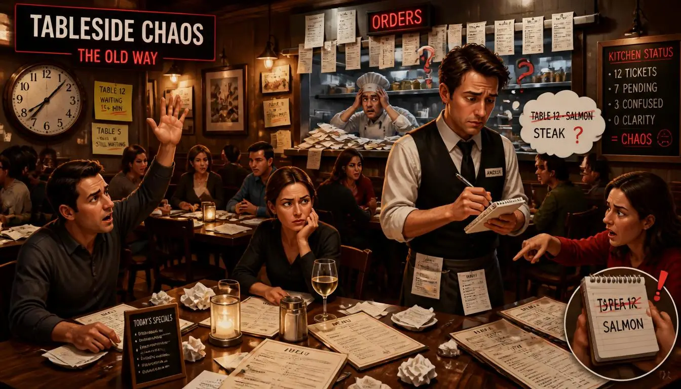 Tableside Chaos: The Old Way of Taking Orders showing overwhelmed servers, ticket confusion, and long customer wait times