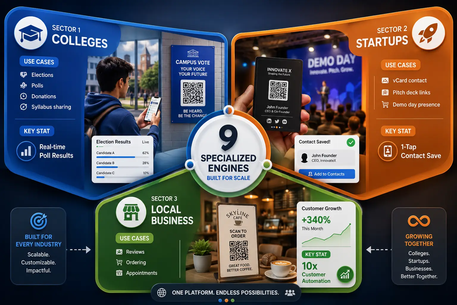 Alpha QR 3-Sector Architecture: Colleges, Startups, and Local Business Blueprints