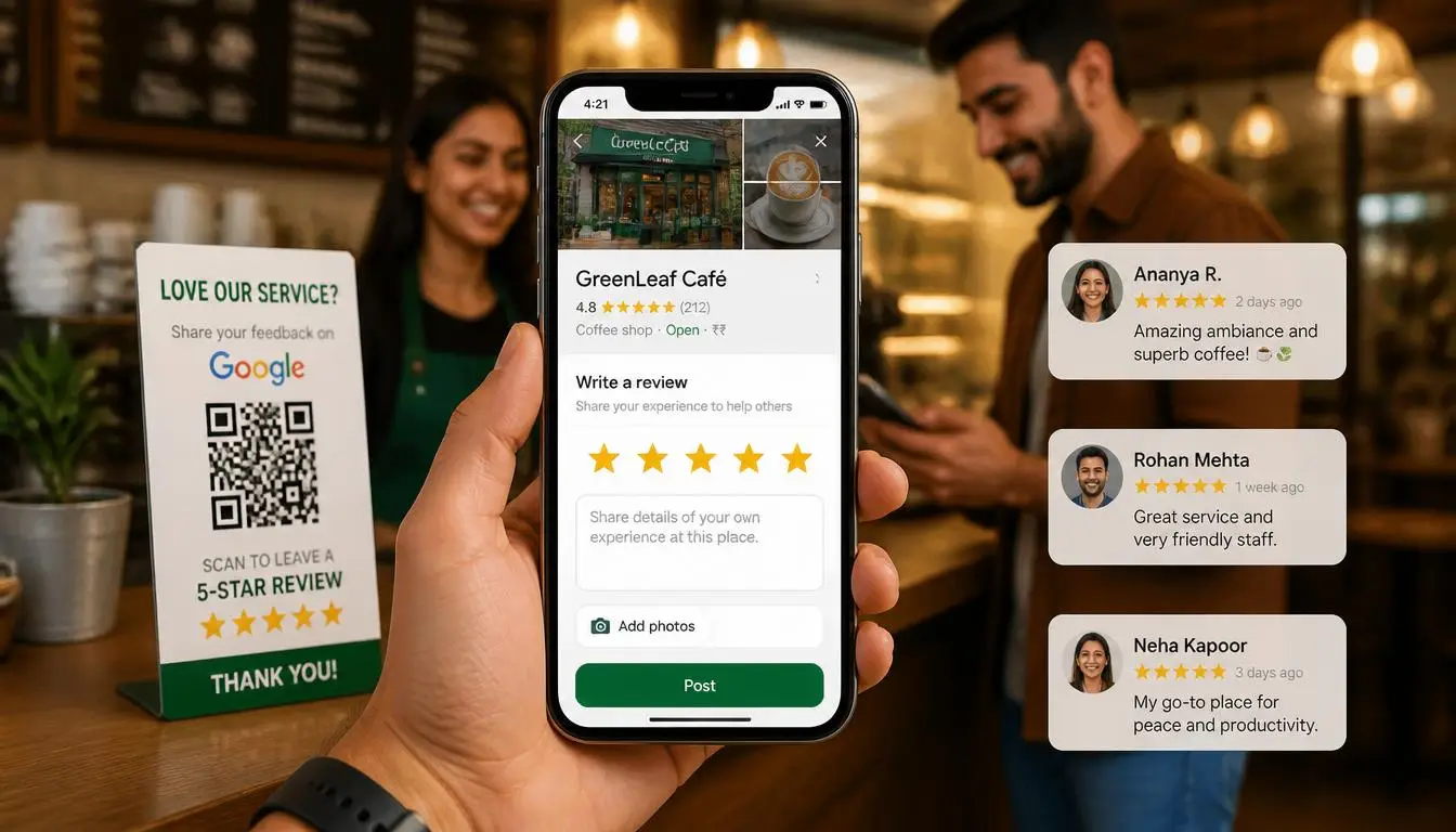 Google Reviews Standee QR Code boosting 5-star cafe ratings